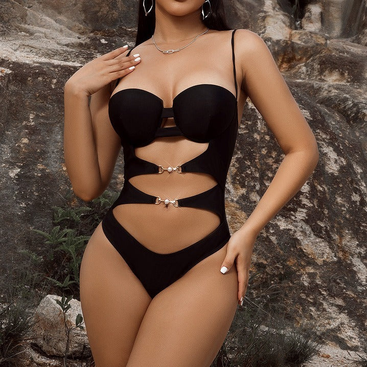 Women One Piece Bikini Bikini Solid Color Hollow Out Cutout out Strap One Piece Swimsuit Bella Mia